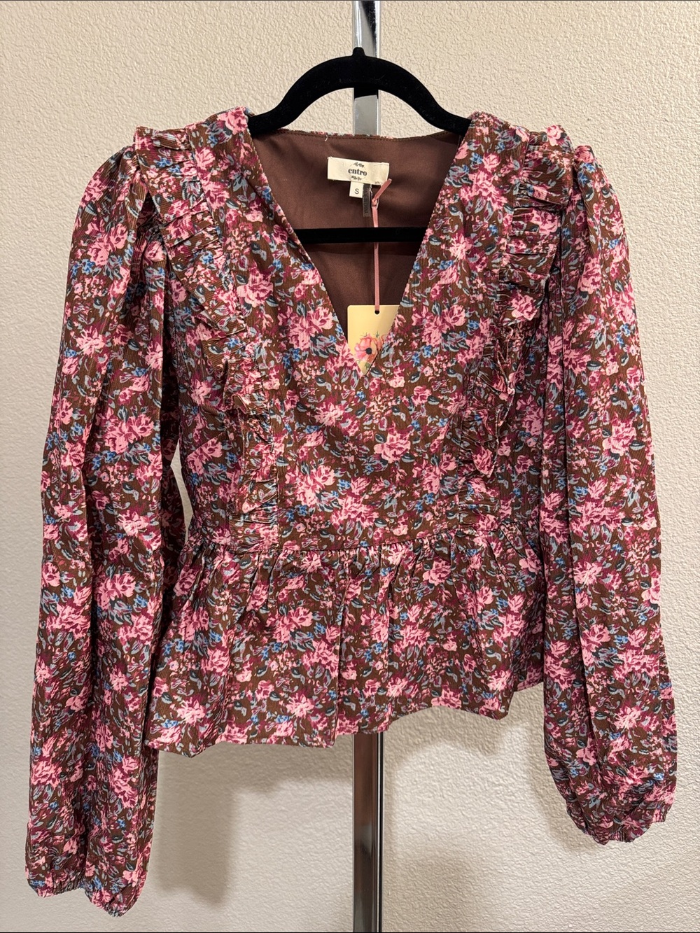 Entro Pink and Brown Floral V-Neck Peplum Blouse
